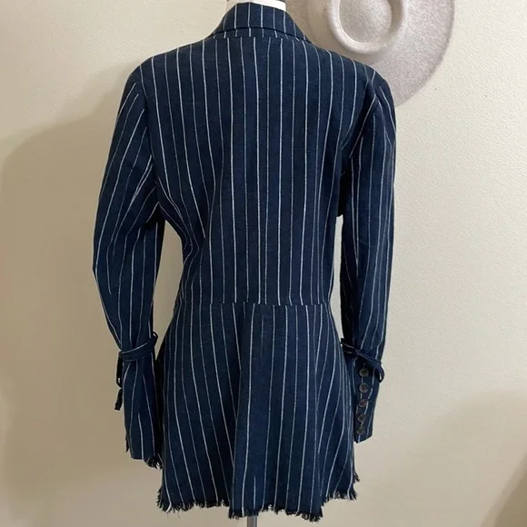 New FREE PEOPLE Stella Blazer Jacket Navy Blue White Stripe Fluted Sleeve - Picture 9 of 14